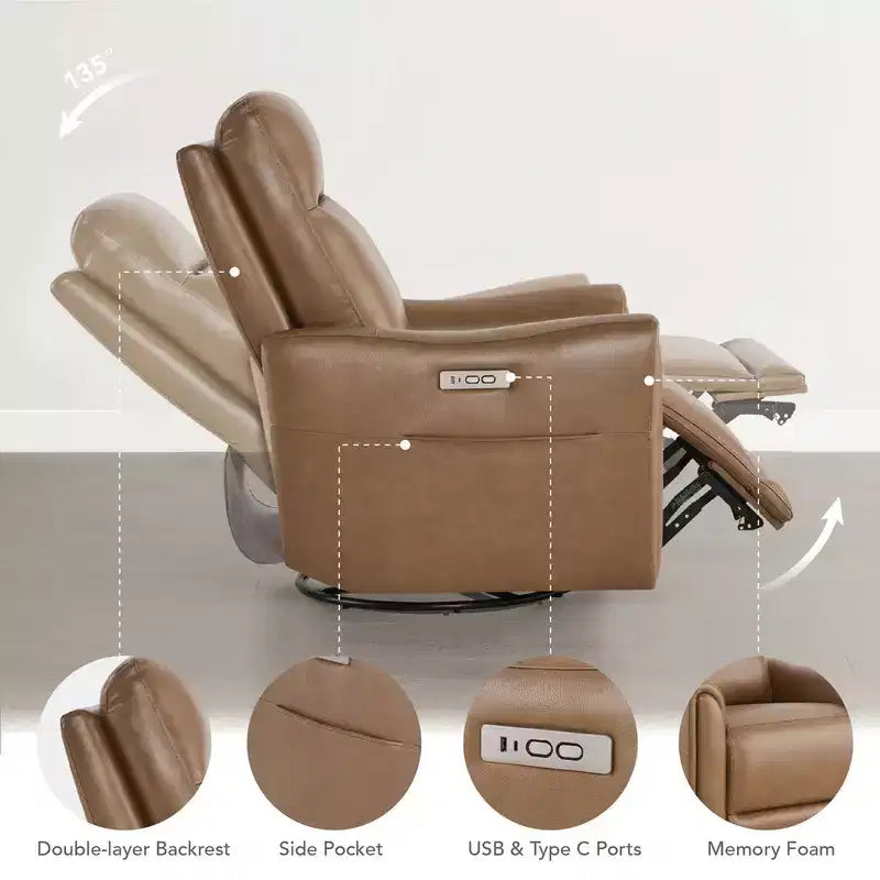 Fauteuil inclinable, pivotant et motorisé en cuir véritable, avec fonction balancelle pour chambre de bébé