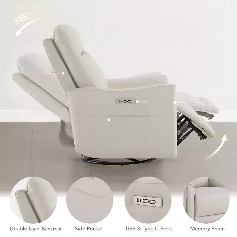 Fauteuil inclinable, pivotant et motorisé en cuir véritable, avec fonction balancelle pour chambre de bébé