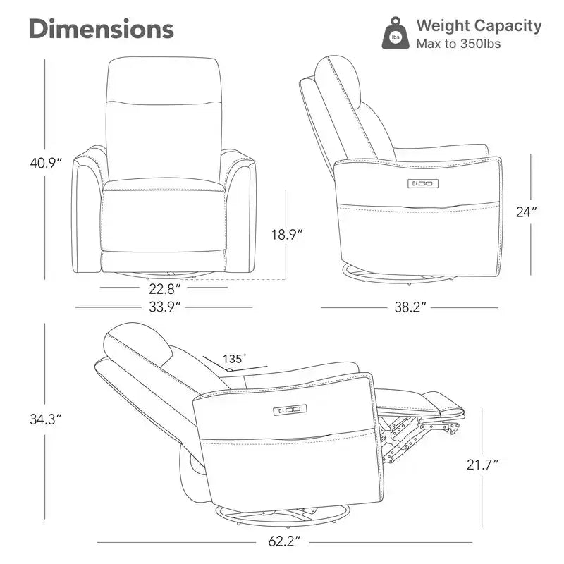 Fauteuil inclinable, pivotant et motorisé en cuir véritable, avec fonction balancelle pour chambre de bébé