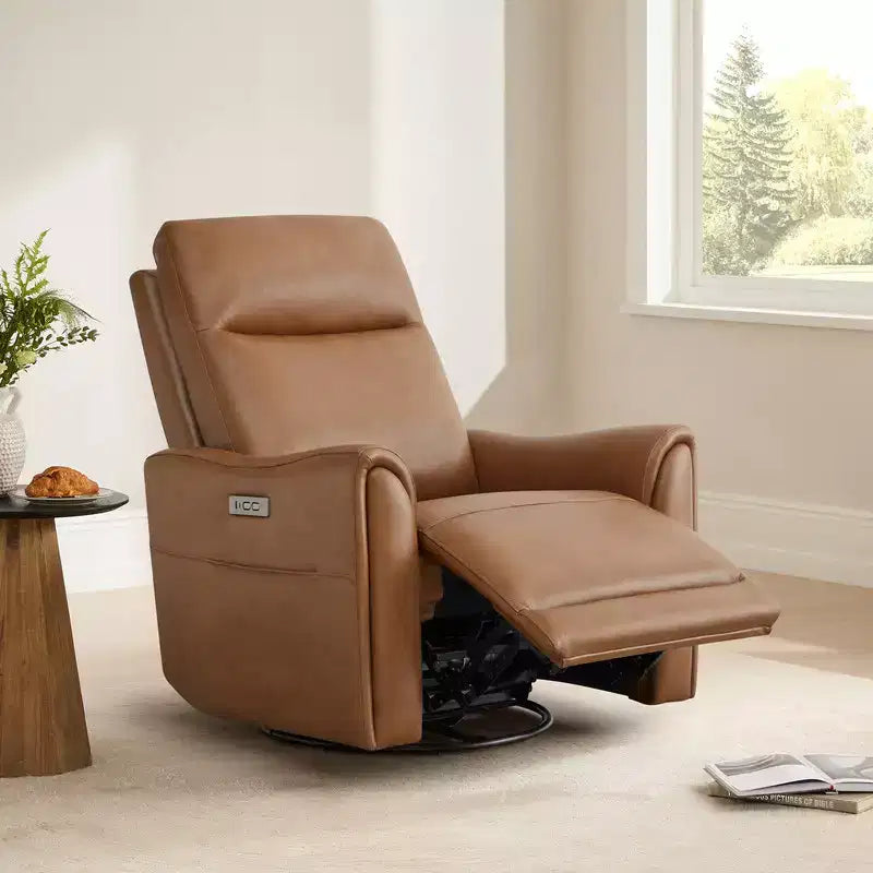 Fauteuil inclinable, pivotant et motorisé en cuir véritable, avec fonction balancelle pour chambre de bébé
