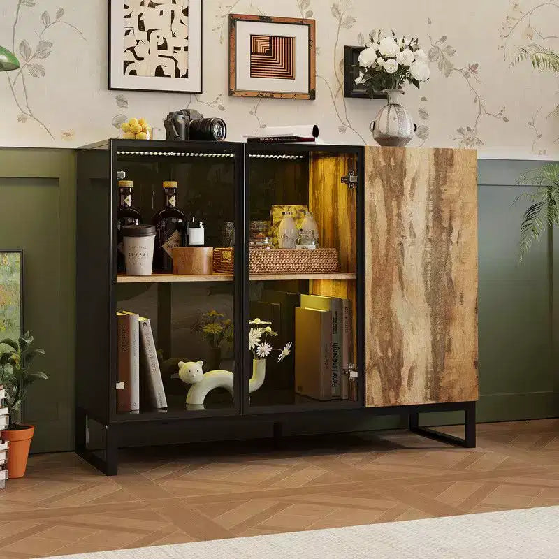 Famapy Modern Glass Display Cabinet with RGB LED Lights,Curio Cabinet,Sideboard Buffet Cabinet,for Living Room & Collection Room