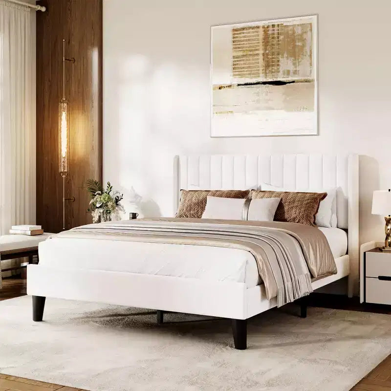 Full Size Velvet Bed Frame Vertical Channel Tufted Wingback Headboard Upholstered Platform Bed, Wood Slats,No Box Spring Needed, Easy Assembly, Beige