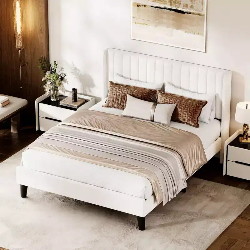 Cadre de lit en velours grand format, tête de lit à oreilles capitonnée à canaux verticaux, lit plateforme rembourré, lattes en bois, aucun sommier tapissier requis, assemblage facile, beige