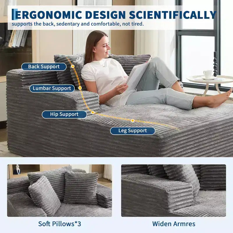 Chaise longue d'intérieur 66x49, chaise longue surdimensionnée avec 3 coussins, canapé-lit en velours côtelé, lit paresseux
