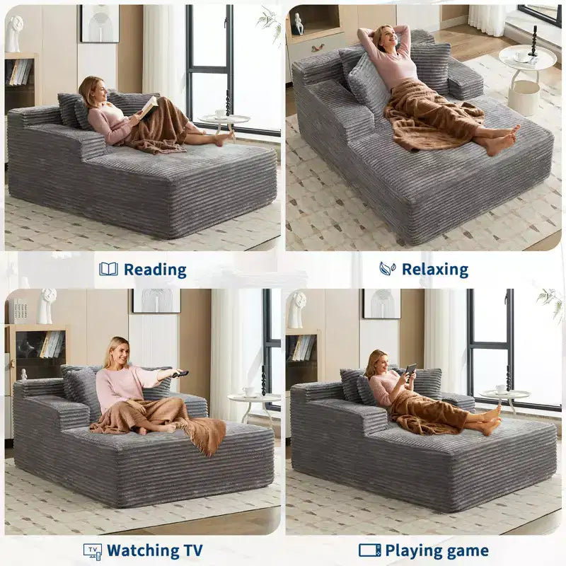Chaise longue d'intérieur 66x49, chaise longue surdimensionnée avec 3 coussins, canapé-lit en velours côtelé, lit paresseux