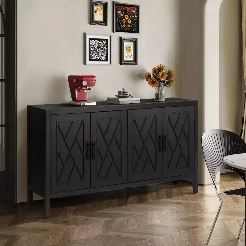 Bahut de Rangement Vintage de 60 po, Buffet avec Quatre Portes Sculptées, Meuble de Rangement pour Cuisine, Salle à Manger, Entrée