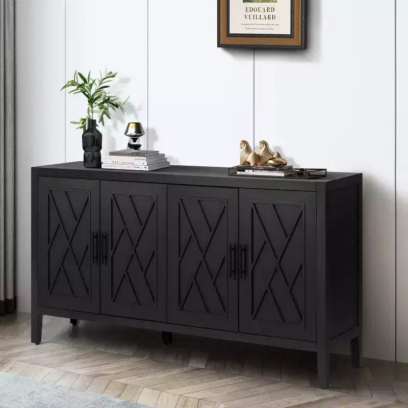 Bahut de Rangement Vintage de 60 po, Buffet avec Quatre Portes Sculptées, Meuble de Rangement pour Cuisine, Salle à Manger, Entrée
