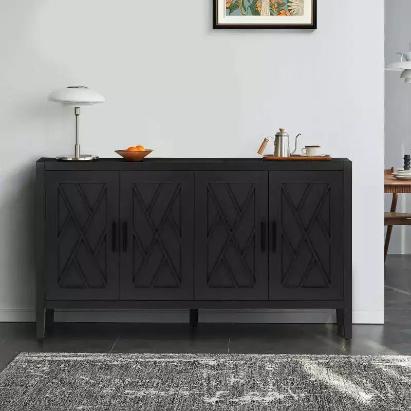 Bahut de Rangement Vintage de 60 po, Buffet avec Quatre Portes Sculptées, Meuble de Rangement pour Cuisine, Salle à Manger, Entrée