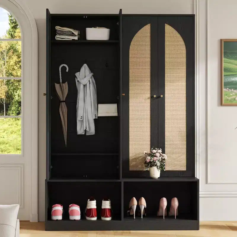 Meuble à chaussures de ferme, Organisateur de chaussures autoportant avec banc 4-en-1 et 6 crochets pour entrée, salon, couloir