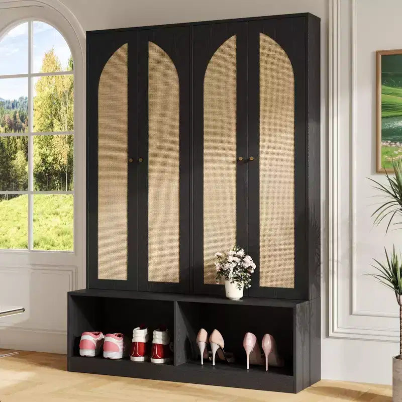 Okak Farmhouse Shoe Cabinet, Freestanding Shoe Organizer with 4-In-1 Seating Bench with 6 Hooks for Entryway, Living Room, Hallway