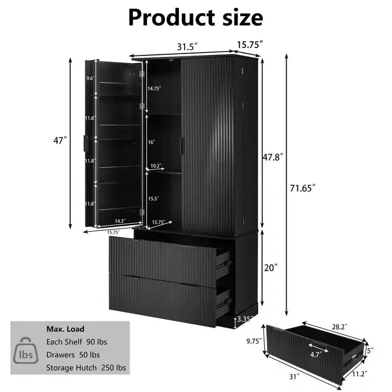 Meuble de rangement haut moderne de 183 cm, Meuble de rangement avec 2 portes et 4 tiroirs, Meuble pour Salon, Couloir, Cuisine