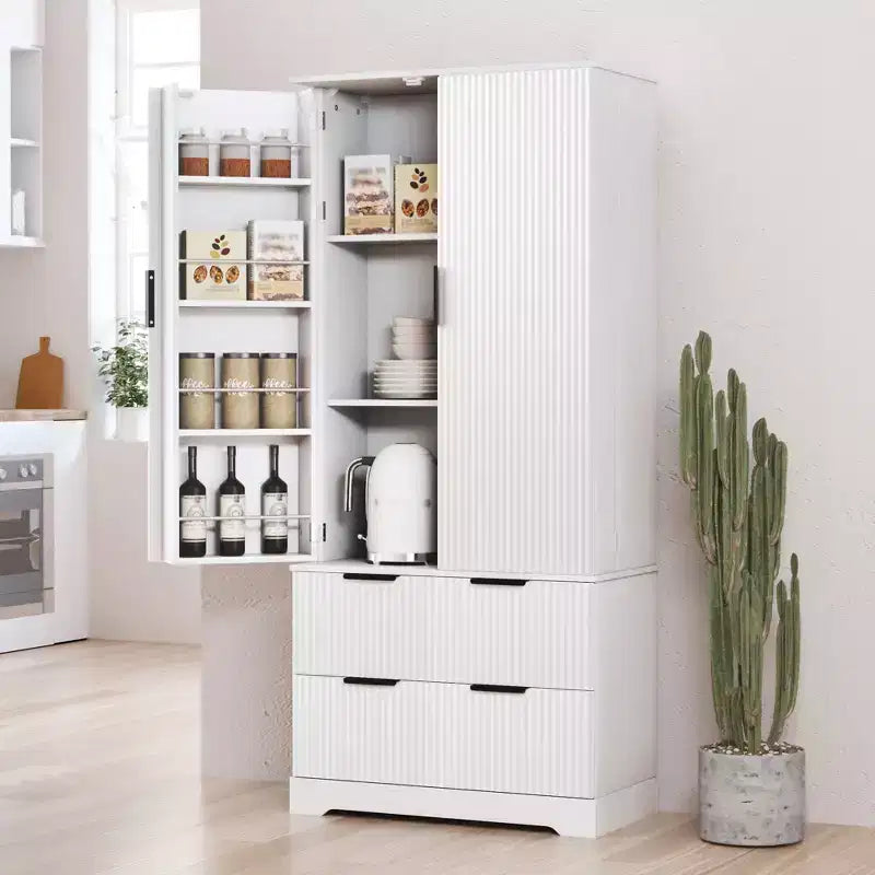 Meuble de rangement haut moderne de 183 cm, Meuble de rangement avec 2 portes et 4 tiroirs, Meuble pour Salon, Couloir, Cuisine