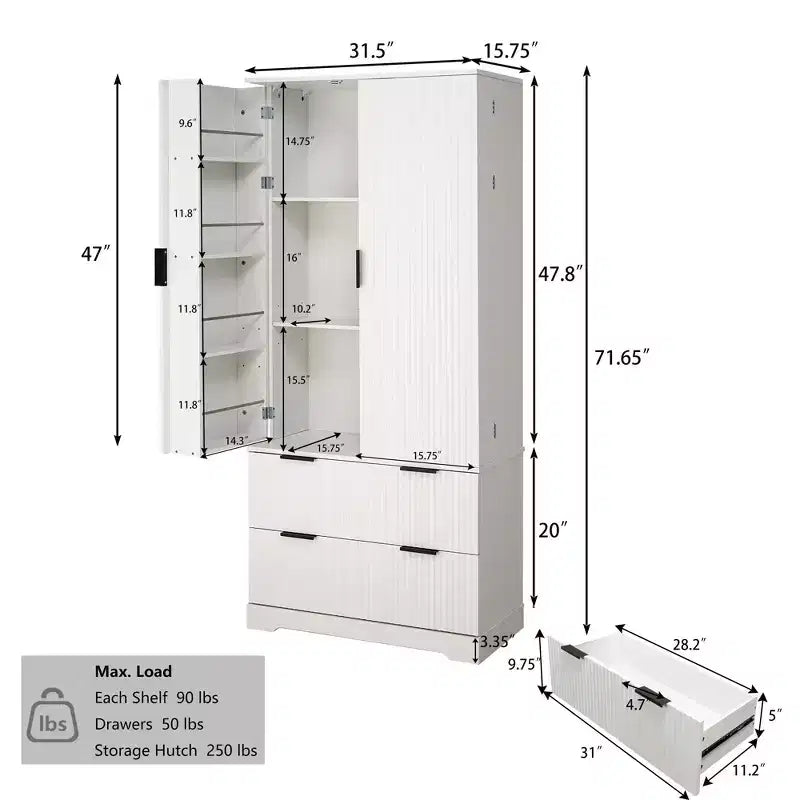 Meuble de rangement haut moderne de 183 cm, Meuble de rangement avec 2 portes et 4 tiroirs, Meuble pour Salon, Couloir, Cuisine