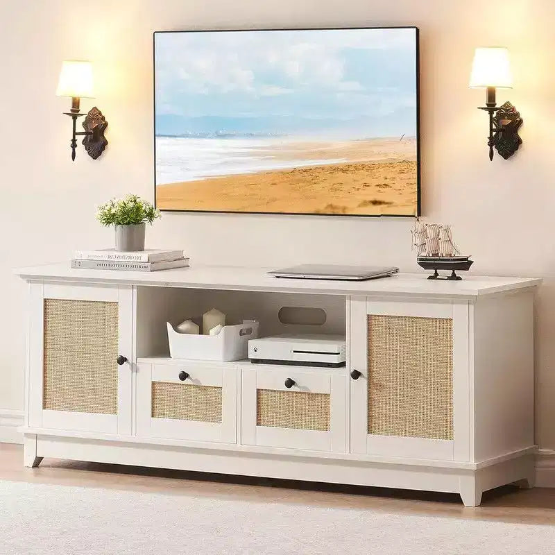 TV Stand for 65+ Inch TV, Rattan Entertainment Center TV Media Console Table