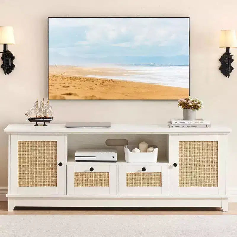 Meuble TV pour téléviseur de 65 pouces et plus, meuble TV console multimédia en rotin