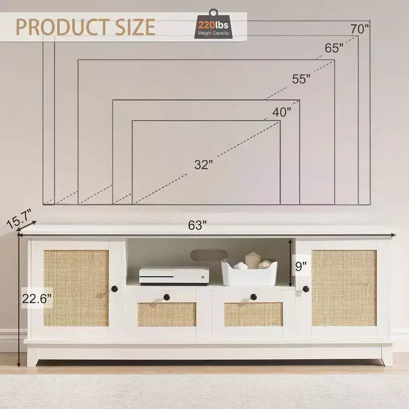 Meuble TV pour téléviseur de 65 pouces et plus, meuble TV console multimédia en rotin
