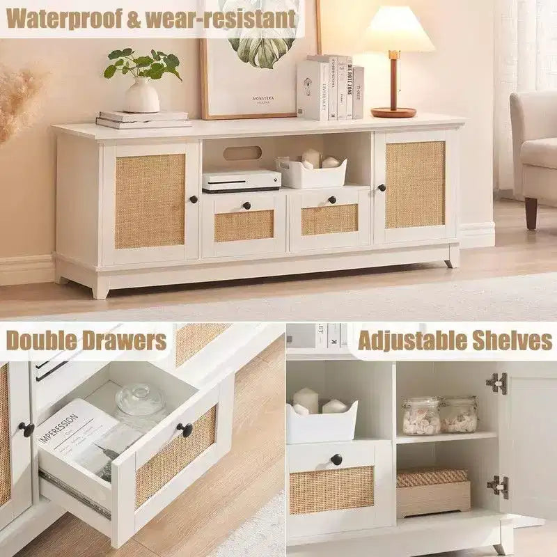 Meuble TV pour téléviseur de 65 pouces et plus, meuble TV console multimédia en rotin