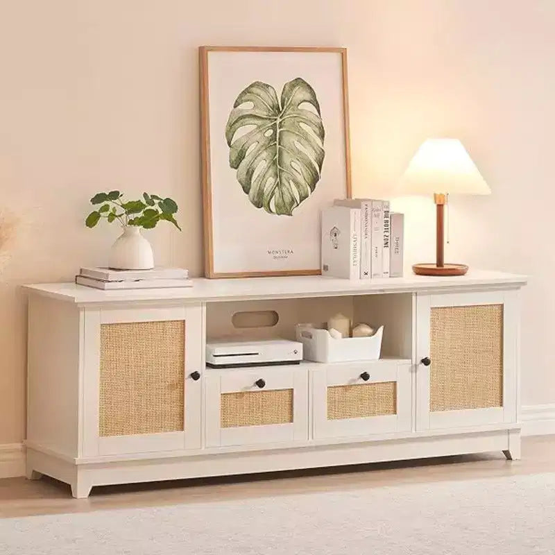 Meuble TV pour téléviseur de 65 pouces et plus, meuble TV console multimédia en rotin