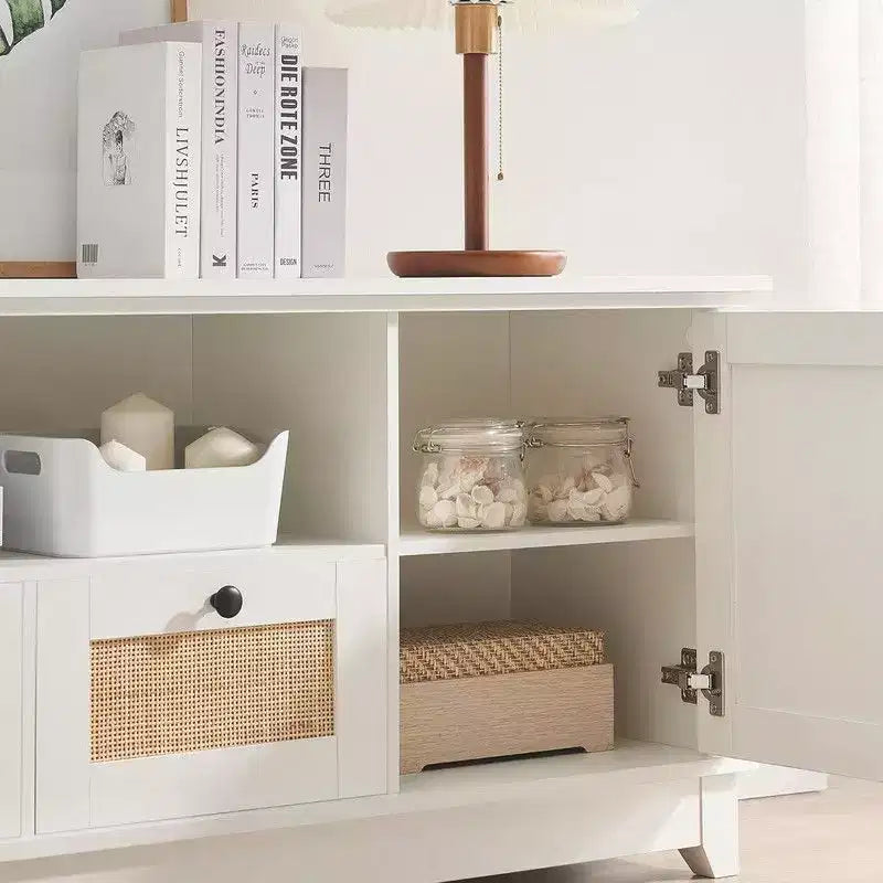 Meuble TV pour téléviseur de 65 pouces et plus, meuble TV console multimédia en rotin