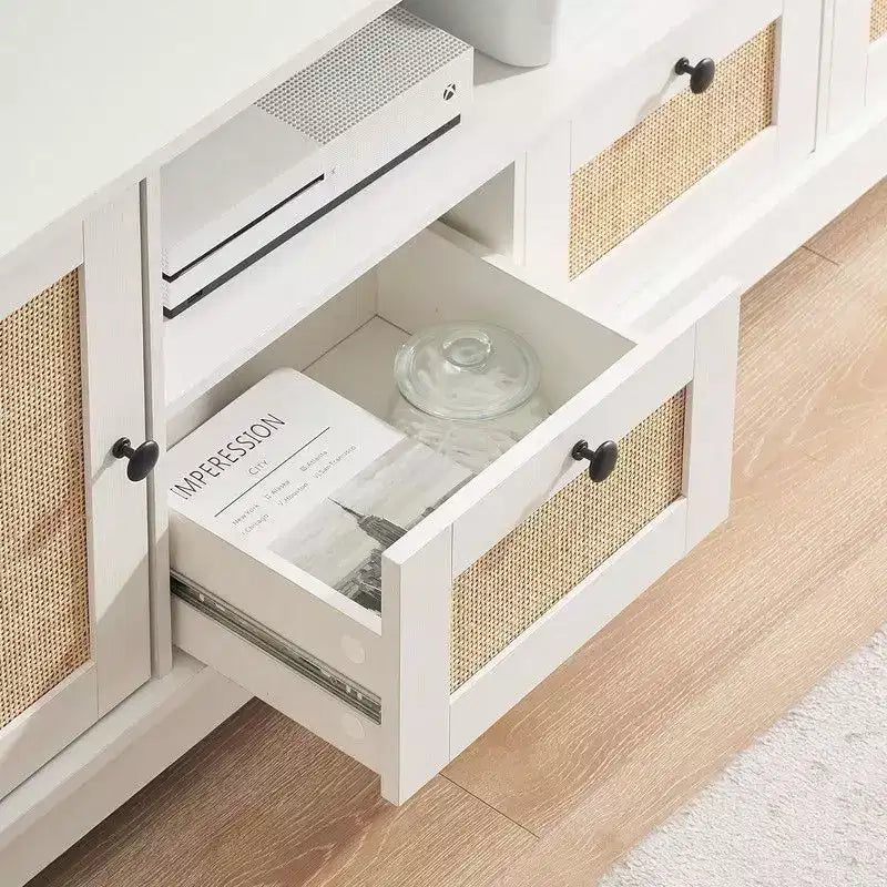 Meuble TV pour téléviseur de 65 pouces et plus, meuble TV console multimédia en rotin