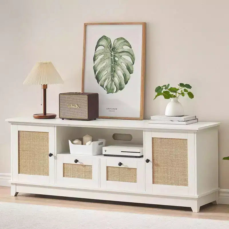 Meuble TV pour téléviseur de 65 pouces et plus, meuble TV console multimédia en rotin