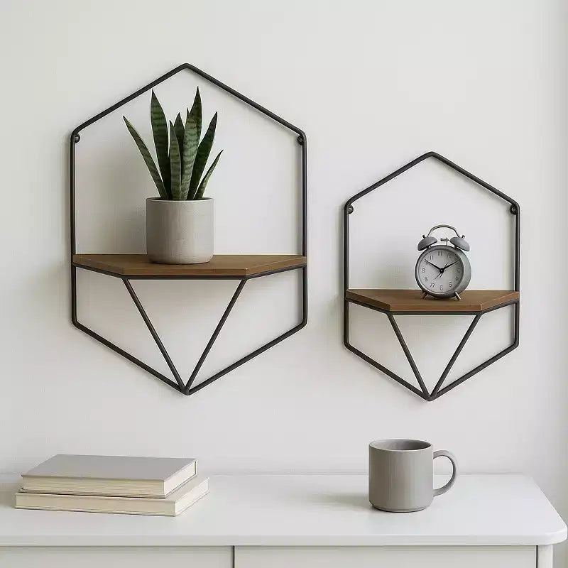 Metal & Wood Floating Storage with Rustic Casual Design - Geometric Wall Shelves - Hanging Display for Home & Office - Set of 2, 20, 16