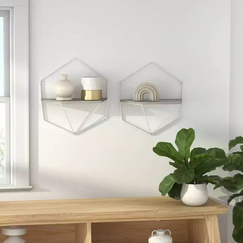 Étagères flottantes en métal et bois au design décontracté et rustique – Étagères murales géométriques – Présentoir suspendu pour la maison et le bureau – Lot de 2, 20, 16