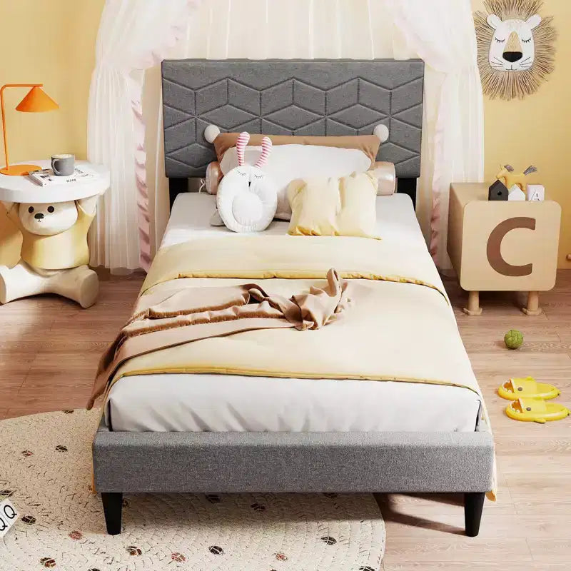 Cadre de lit double/grand lit avec tête de lit capitonnée en tissu de lin et support à lattes en bois