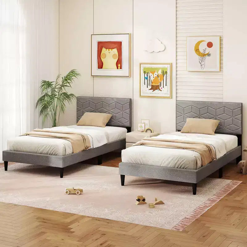 Cadre de lit double/grand lit avec tête de lit capitonnée en tissu de lin et support à lattes en bois