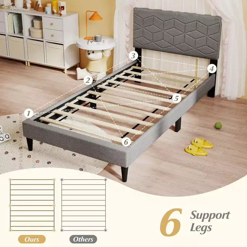 Cadre de lit double/grand lit avec tête de lit capitonnée en tissu de lin et support à lattes en bois