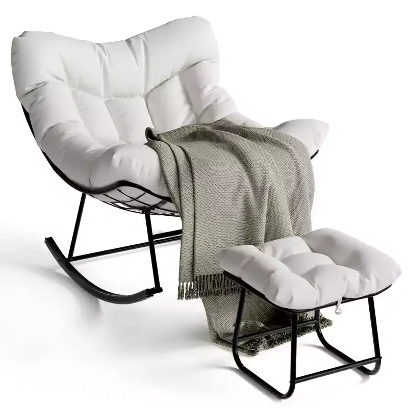 Fauteuil de jardin surdimensionné avec pouf, fauteuil à bascule à cadre métallique, fauteuil à bascule en rotin pour la relaxation dans le jardin, sur le balcon et sur la terrasse