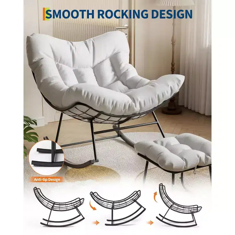 Fauteuil de jardin surdimensionné avec pouf, fauteuil à bascule à cadre métallique, fauteuil à bascule en rotin pour la relaxation dans le jardin, sur le balcon et sur la terrasse