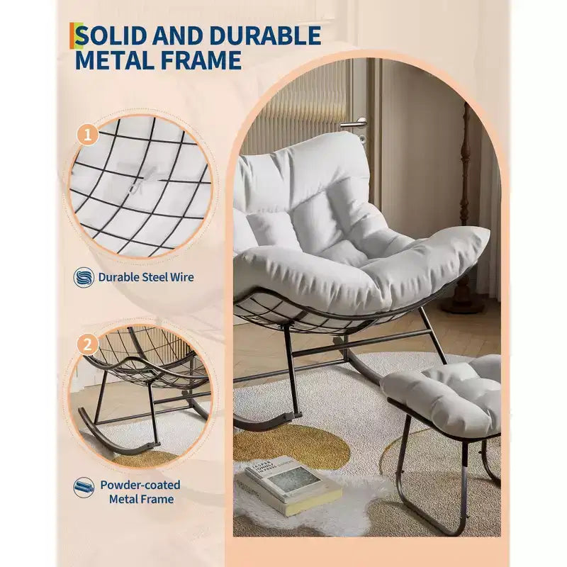 Fauteuil de jardin surdimensionné avec pouf, fauteuil à bascule à cadre métallique, fauteuil à bascule en rotin pour la relaxation dans le jardin, sur le balcon et sur la terrasse