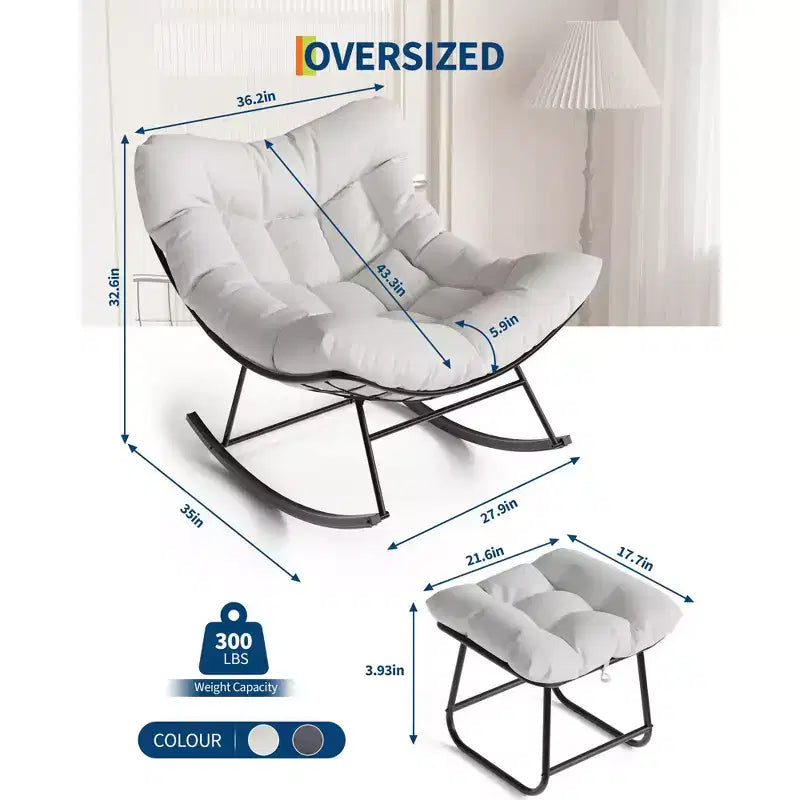 Fauteuil de jardin surdimensionné avec pouf, fauteuil à bascule à cadre métallique, fauteuil à bascule en rotin pour la relaxation dans le jardin, sur le balcon et sur la terrasse