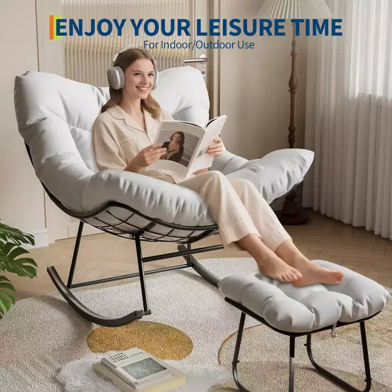 Fauteuil de jardin surdimensionné avec pouf, fauteuil à bascule à cadre métallique, fauteuil à bascule en rotin pour la relaxation dans le jardin, sur le balcon et sur la terrasse