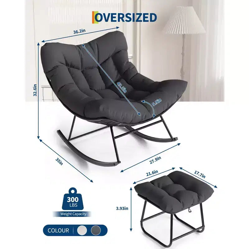 Fauteuil de jardin surdimensionné avec pouf, fauteuil à bascule à cadre métallique, fauteuil à bascule en rotin pour la relaxation dans le jardin, sur le balcon et sur la terrasse
