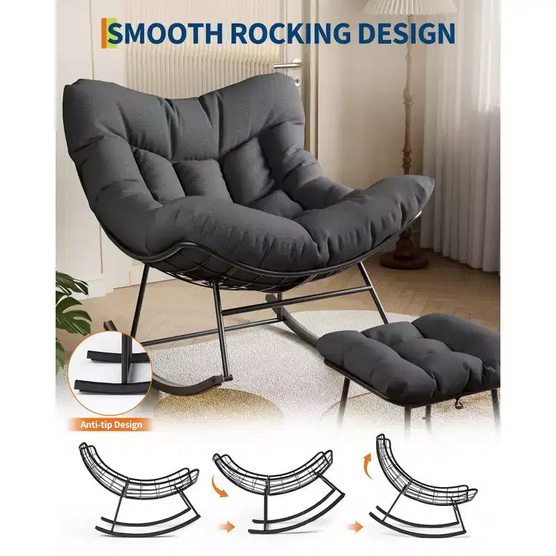 Fauteuil de jardin surdimensionné avec pouf, fauteuil à bascule à cadre métallique, fauteuil à bascule en rotin pour la relaxation dans le jardin, sur le balcon et sur la terrasse