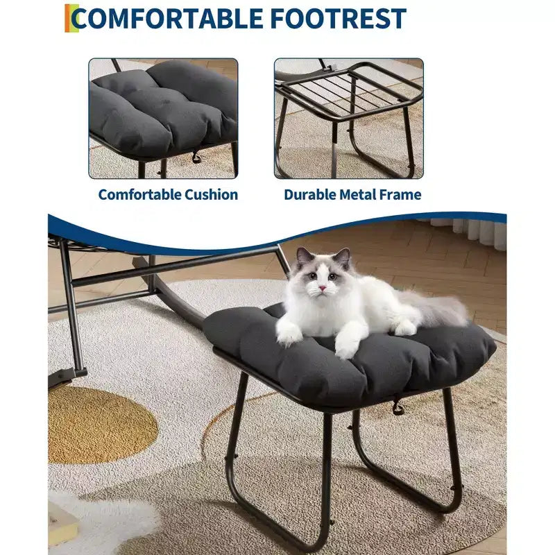 Fauteuil de jardin surdimensionné avec pouf, fauteuil à bascule à cadre métallique, fauteuil à bascule en rotin pour la relaxation dans le jardin, sur le balcon et sur la terrasse