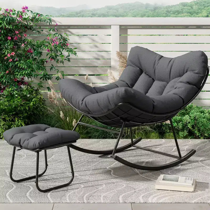 Fauteuil de jardin surdimensionné avec pouf, fauteuil à bascule à cadre métallique, fauteuil à bascule en rotin pour la relaxation dans le jardin, sur le balcon et sur la terrasse