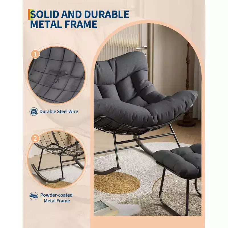 Fauteuil de jardin surdimensionné avec pouf, fauteuil à bascule à cadre métallique, fauteuil à bascule en rotin pour la relaxation dans le jardin, sur le balcon et sur la terrasse