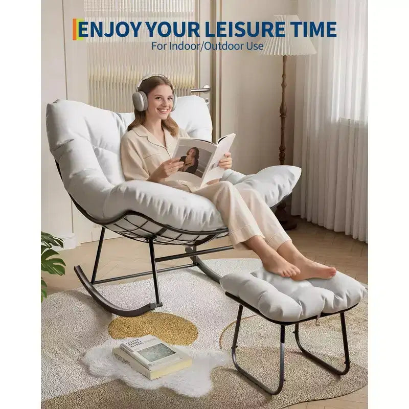 Fauteuil de jardin surdimensionné avec pouf, fauteuil à bascule à cadre métallique, fauteuil à bascule en rotin pour la relaxation dans le jardin, sur le balcon et sur la terrasse