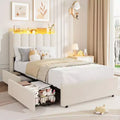 Twin XL Boucle Upholstered LED Bed Frame with Wavy Storage Headboard & Bookcase, Kids Bed with 2 Drawers for Girls, No Box Spring Required
