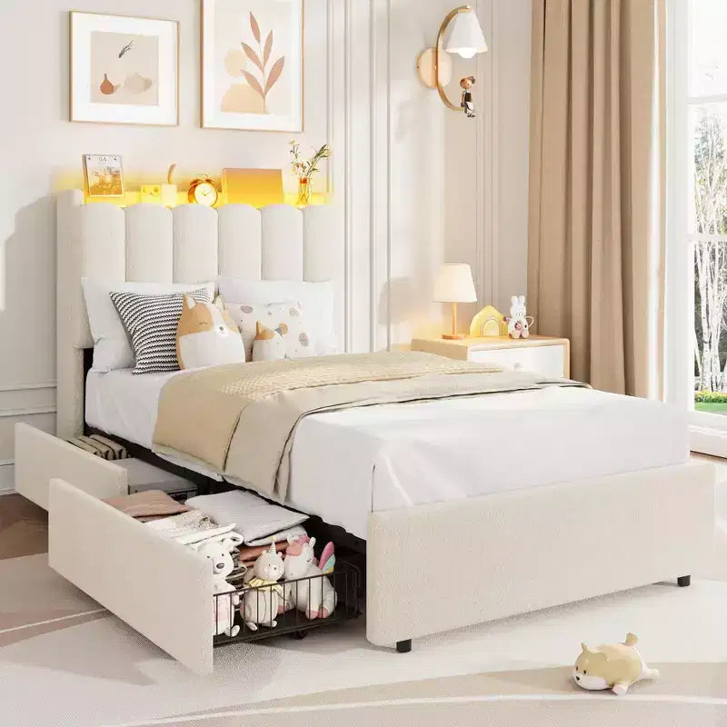 Twin XL Boucle Upholstered LED Bed Frame with Wavy Storage Headboard & Bookcase, Kids Bed with 2 Drawers for Girls, No Box Spring Required