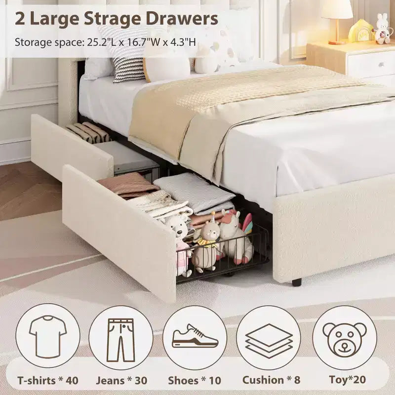 Cadre de Lit XL Rembourré en Boucle avec Tête de Lit Ondulée Rangement & Bibliothèque, Lit Enfant avec 2 Tiroirs pour Filles, Sommier Tapissier Non Requis