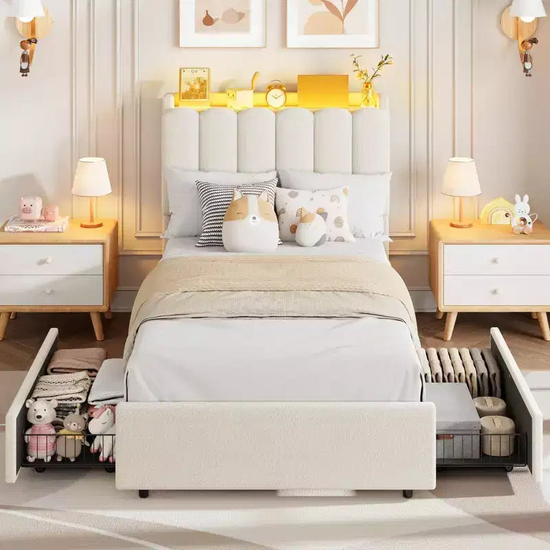 Cadre de Lit XL Rembourré en Boucle avec Tête de Lit Ondulée Rangement & Bibliothèque, Lit Enfant avec 2 Tiroirs pour Filles, Sommier Tapissier Non Requis