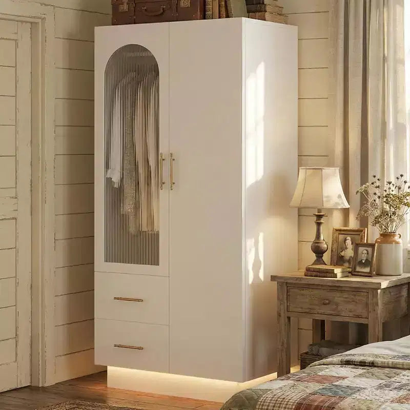 2-Door Storage Cabinet with Fluted Glass Door, Large Wooden Storage Closet Cabinet, Hanging Rod, Adjustable Shelf, for Bedroom, Living Room