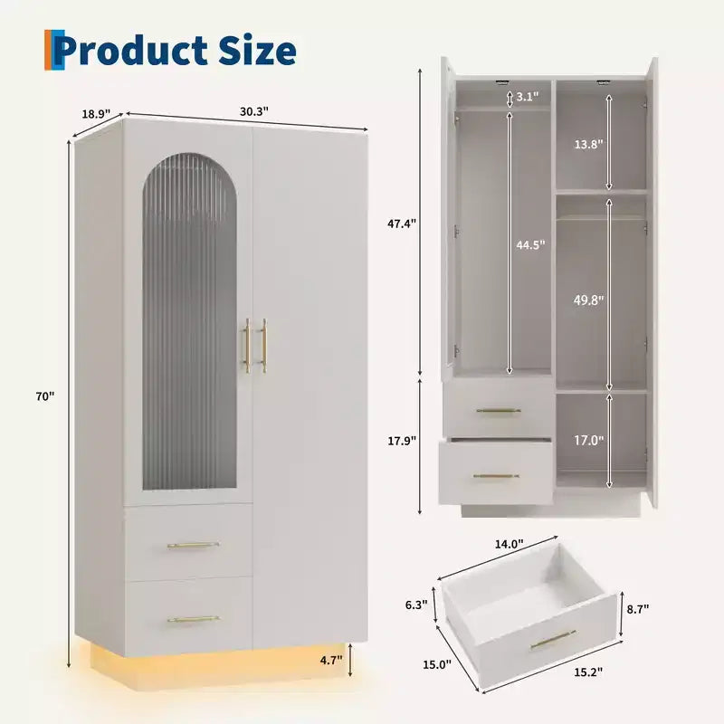 Armoire de rangement à 2 portes avec porte en verre cannelé, grande armoire de rangement en bois, tringle à vêtements, étagère réglable, pour chambre à coucher, salon