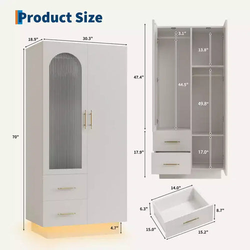 Armoire de rangement à 2 portes avec porte en verre cannelé, grande armoire de rangement en bois, tringle à vêtements, étagère réglable, pour chambre à coucher, salon