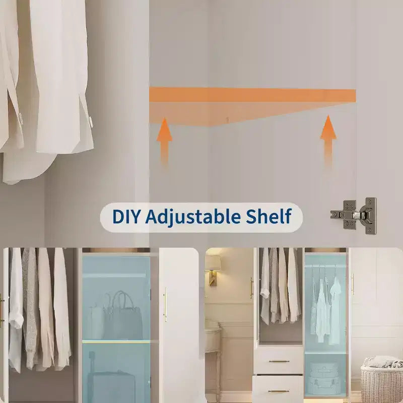 Armoire de rangement à 2 portes avec porte en verre cannelé, grande armoire de rangement en bois, tringle à vêtements, étagère réglable, pour chambre à coucher, salon
