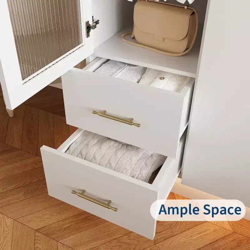 Armoire de rangement à 2 portes avec porte en verre cannelé, grande armoire de rangement en bois, tringle à vêtements, étagère réglable, pour chambre à coucher, salon